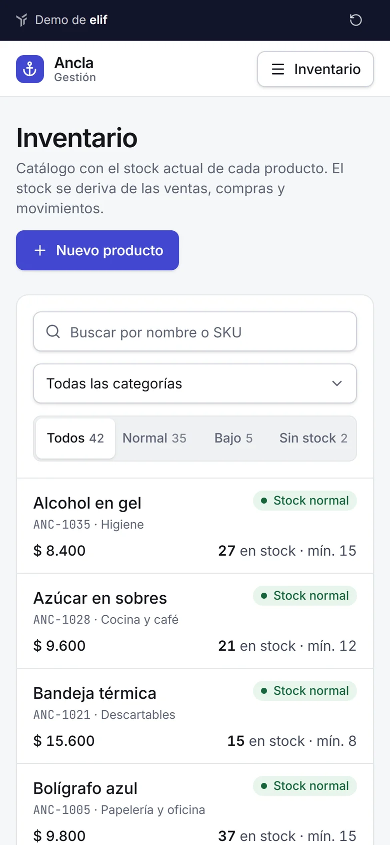 Ancla Gestión en el celular: inventario