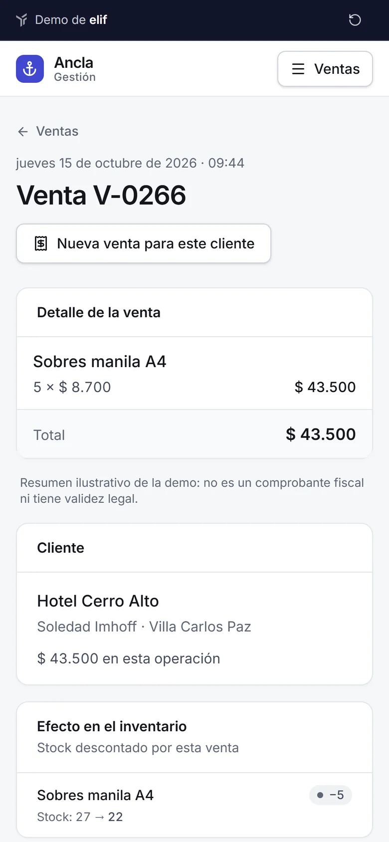 Ancla Gestión en el celular: detalle de una venta