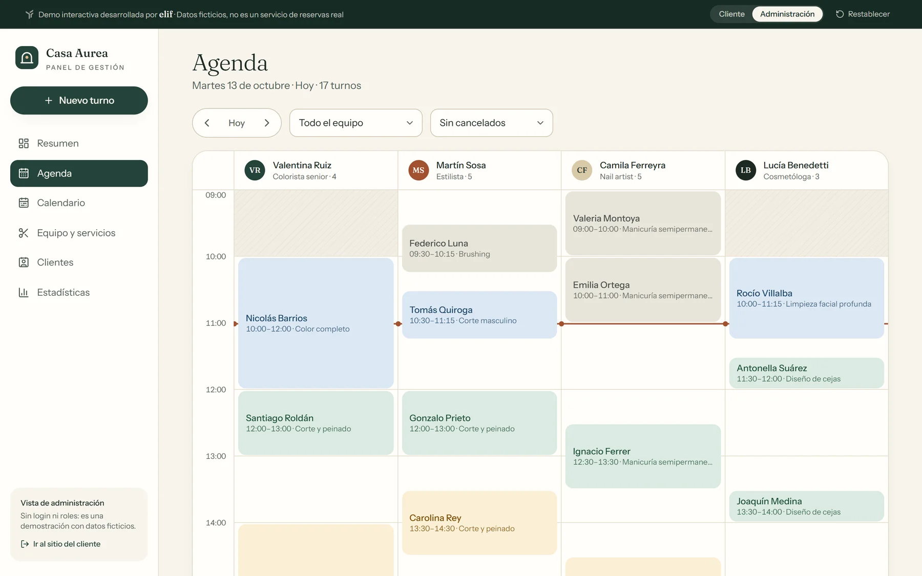 Agenda del equipo por profesional y horario