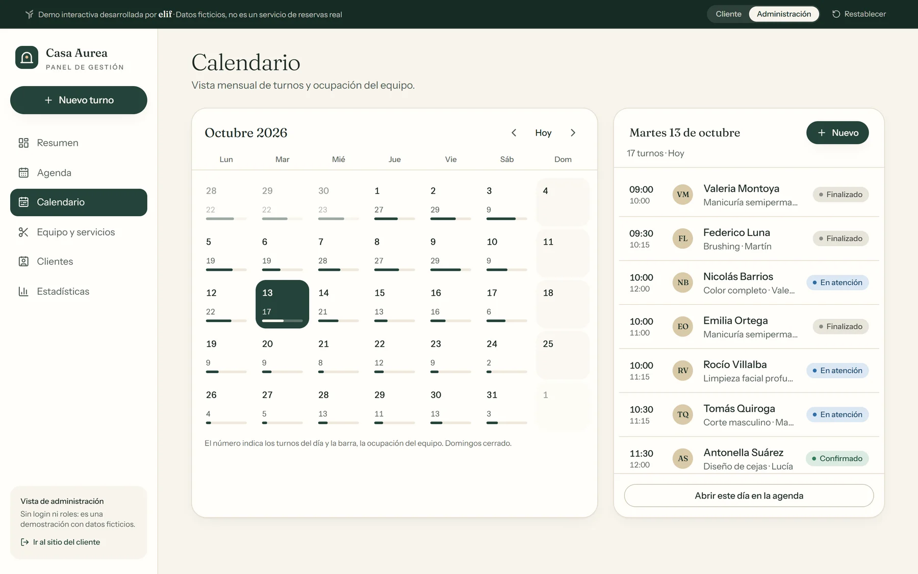 Calendario mensual con turnos y ocupación