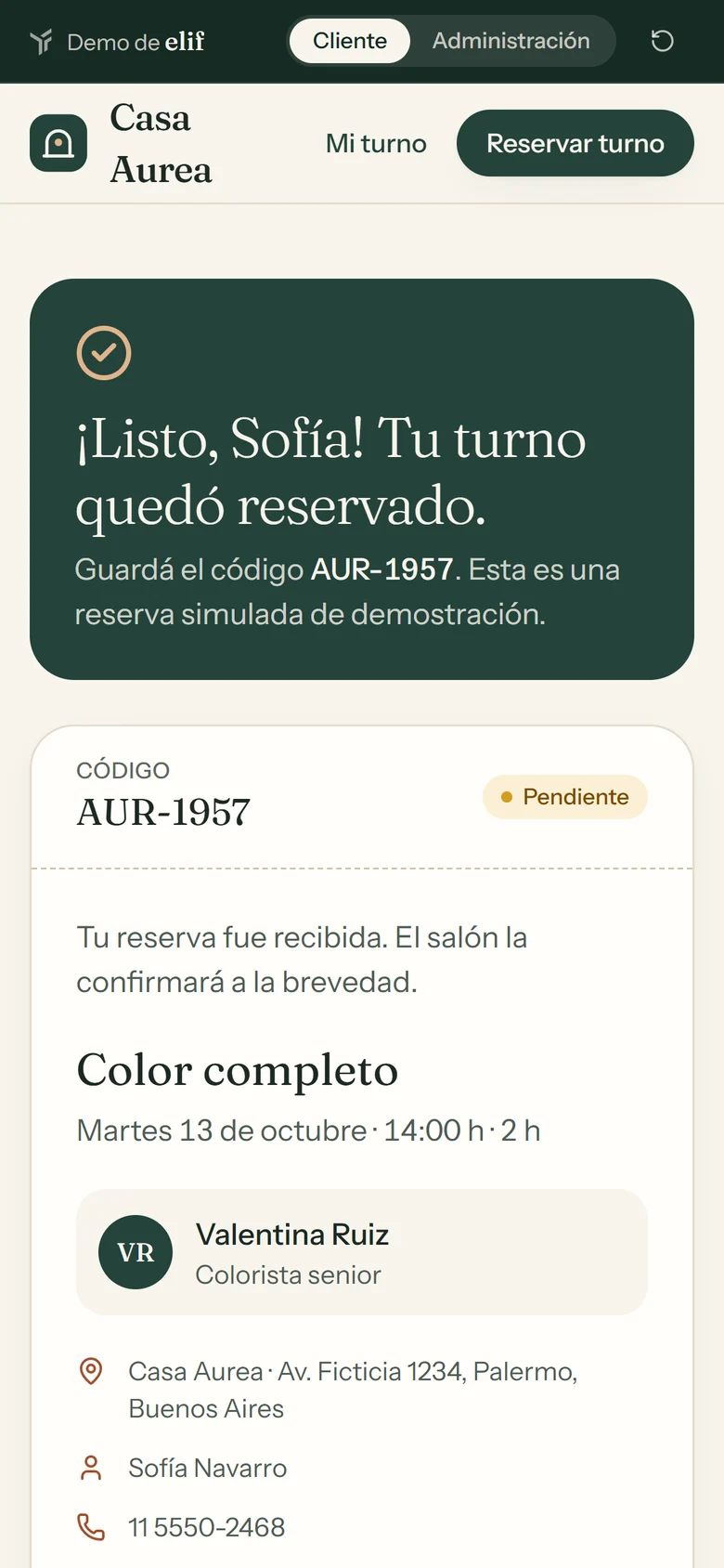Casa Aurea en el celular: reserva confirmada