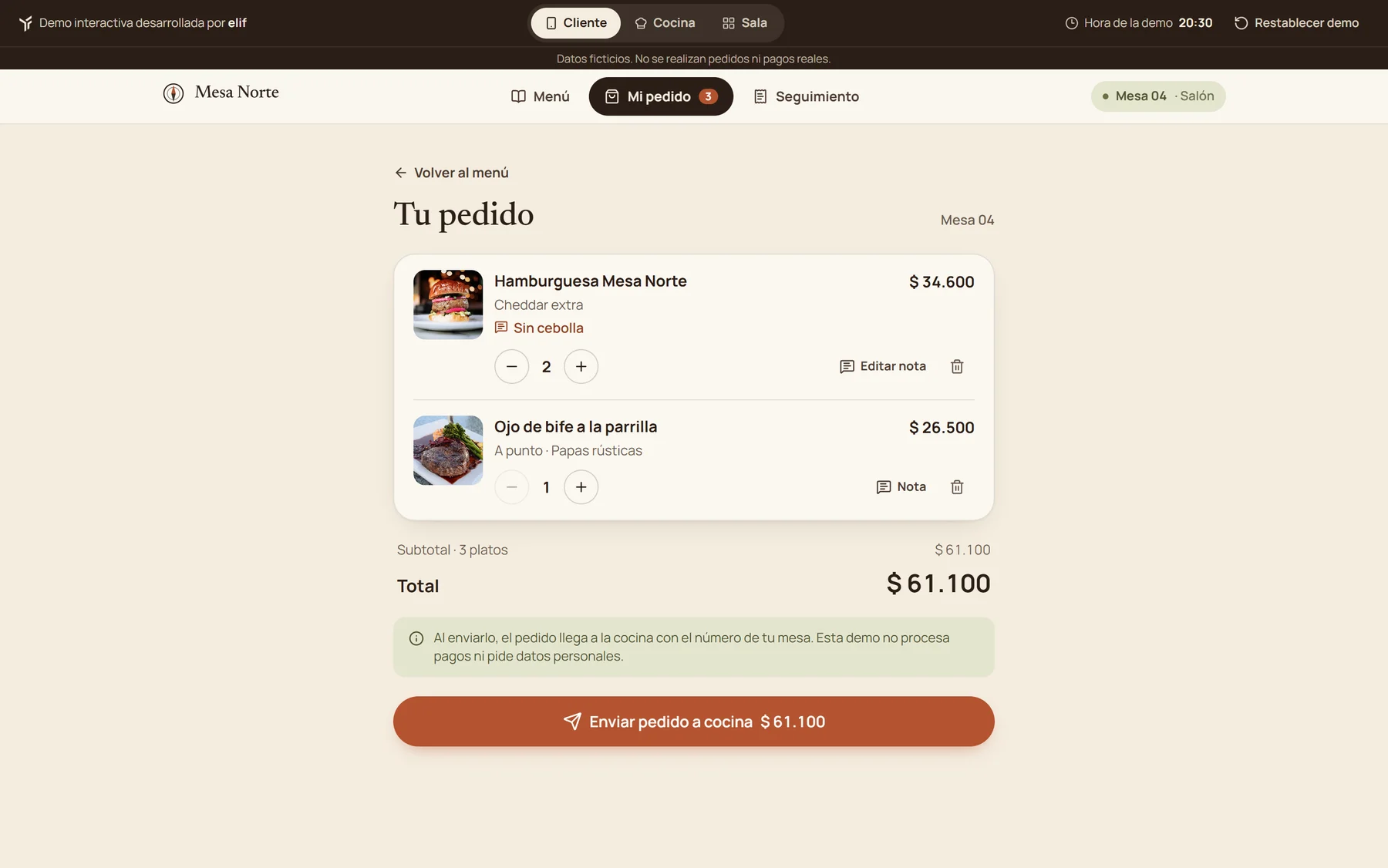 Carrito de la Mesa 04: dos platos con sus opciones y observación, total de $ 61.100 y envío a cocina