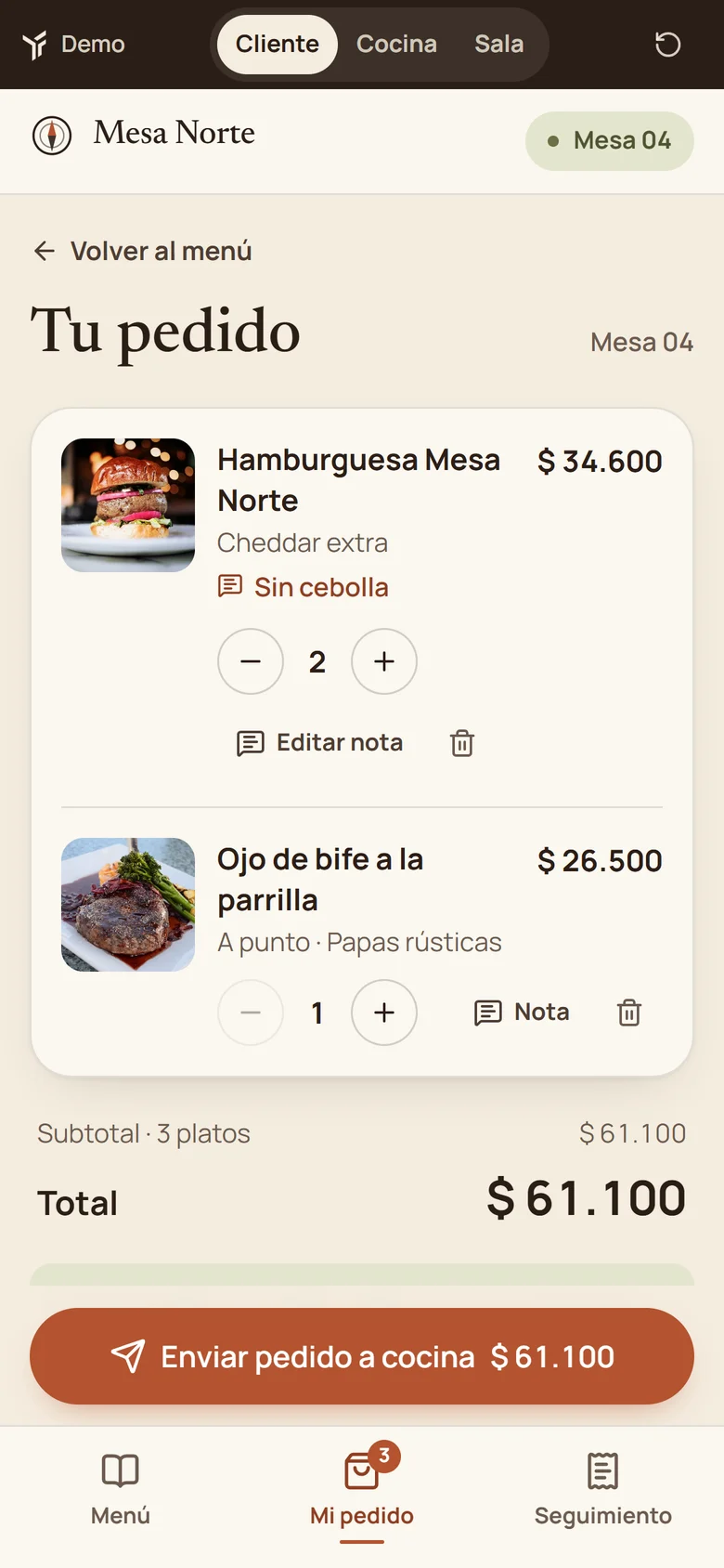 Mesa Norte en el celular: carrito con el total y el botón para enviar a cocina