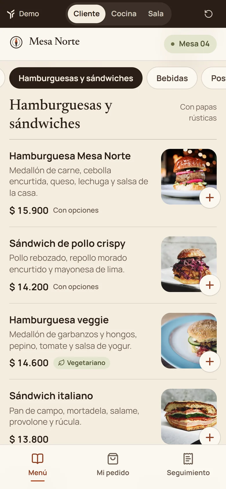 Mesa Norte en el celular: categoría Hamburguesas y sándwiches con fotos y precios