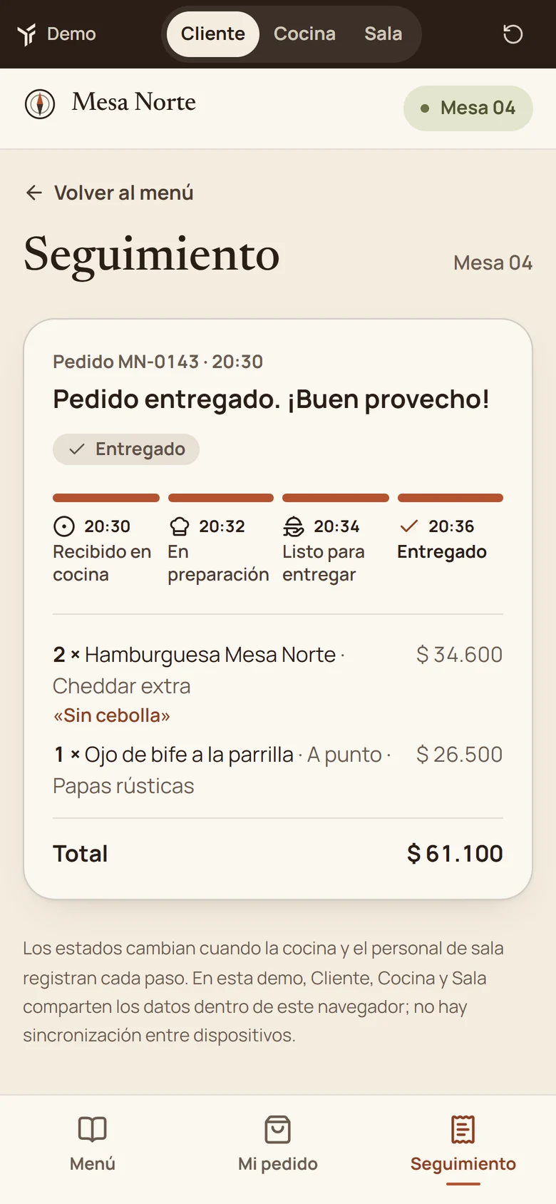 Mesa Norte en el celular: pedido entregado con los cuatro pasos y sus horarios