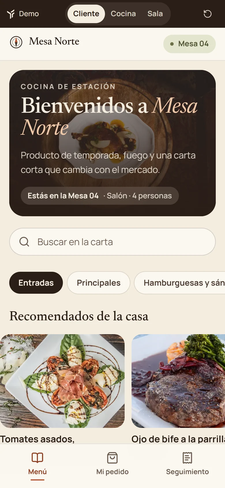 Mesa Norte en el celular: portada del menú de la Mesa 04, buscador y categorías
