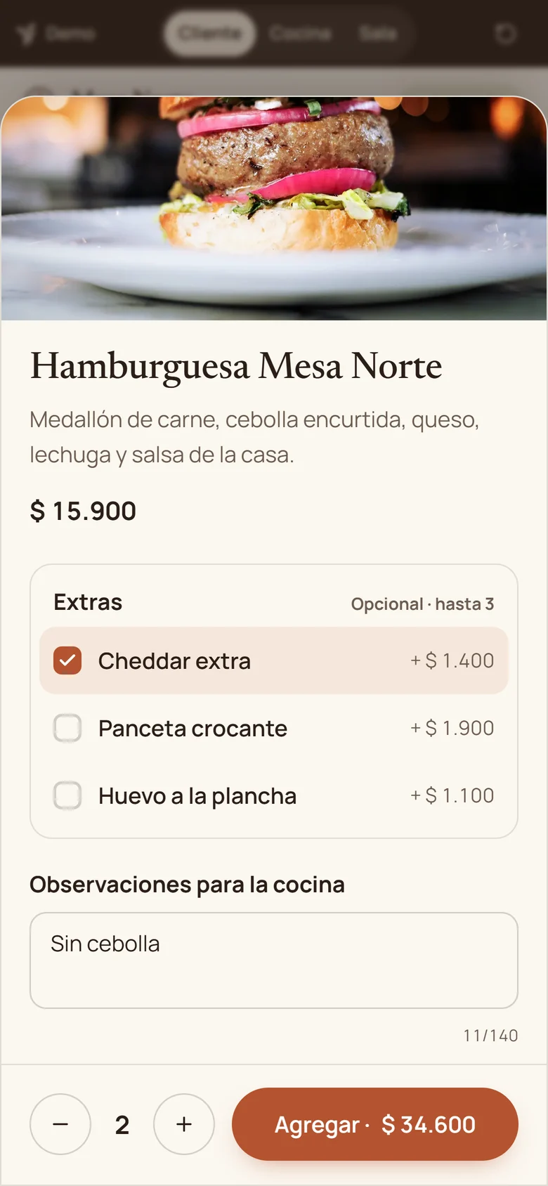 Mesa Norte en el celular: detalle de un plato con extras, observaciones y cantidad