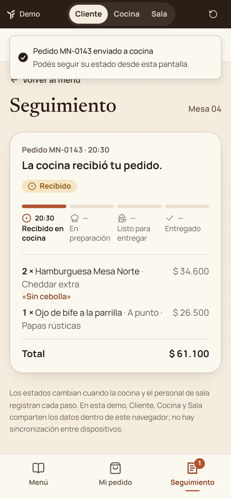 Mesa Norte en el celular: confirmación del pedido MN-0143 recibido en cocina