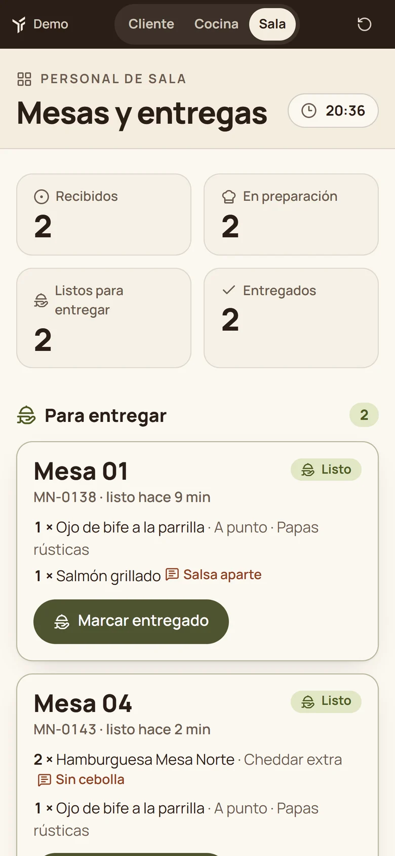 Sala en el celular: indicadores y pedidos listos para entregar