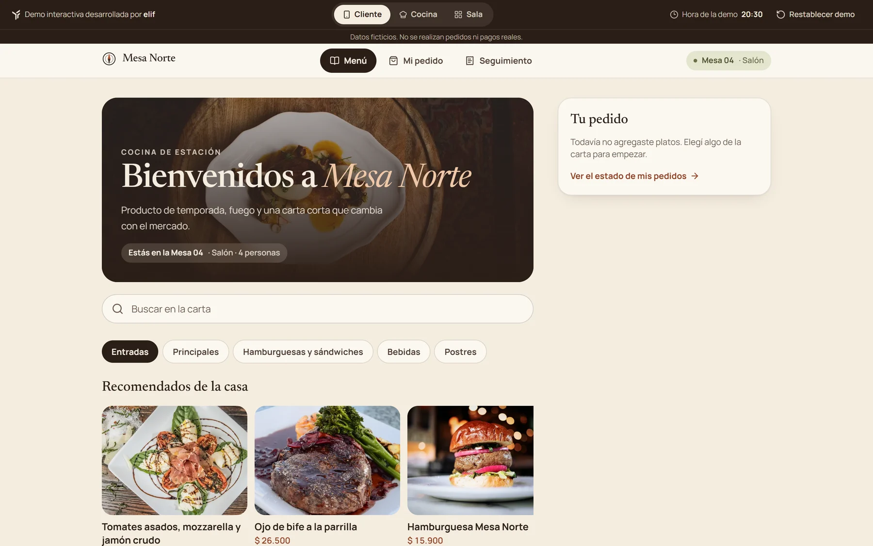Menú digital de la Mesa 04 con portada, buscador, categorías y platos recomendados con fotos