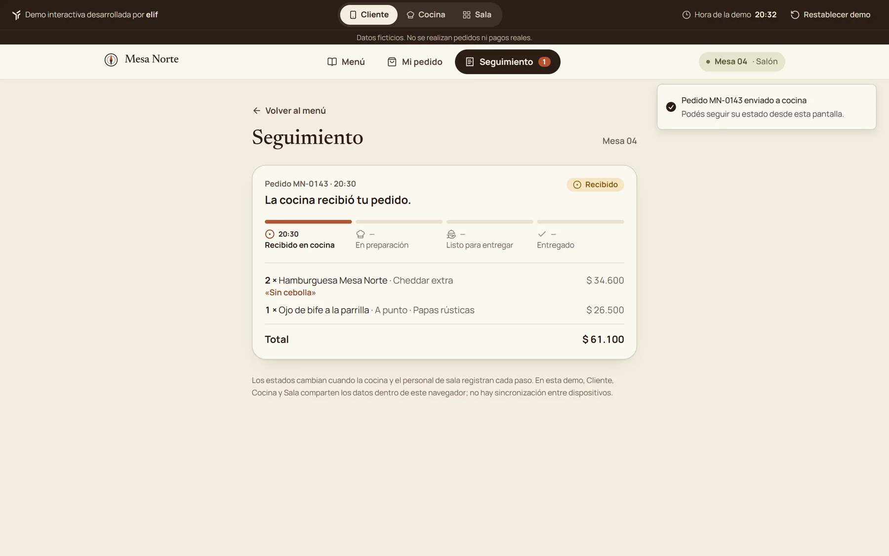 Seguimiento del pedido MN-0143: la cocina lo recibió a las 20:30