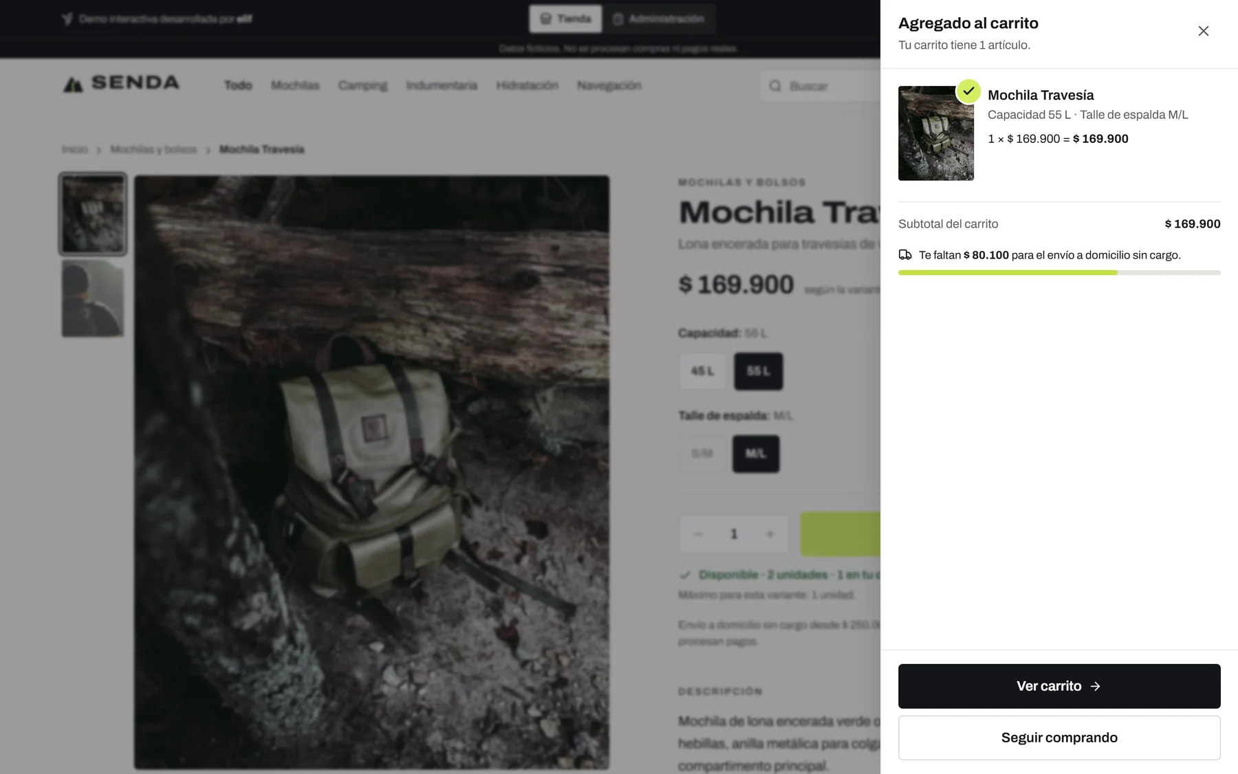 Panel «Agregado al carrito» con la Mochila Travesía 55 L, el subtotal y cuánto falta para el envío sin cargo