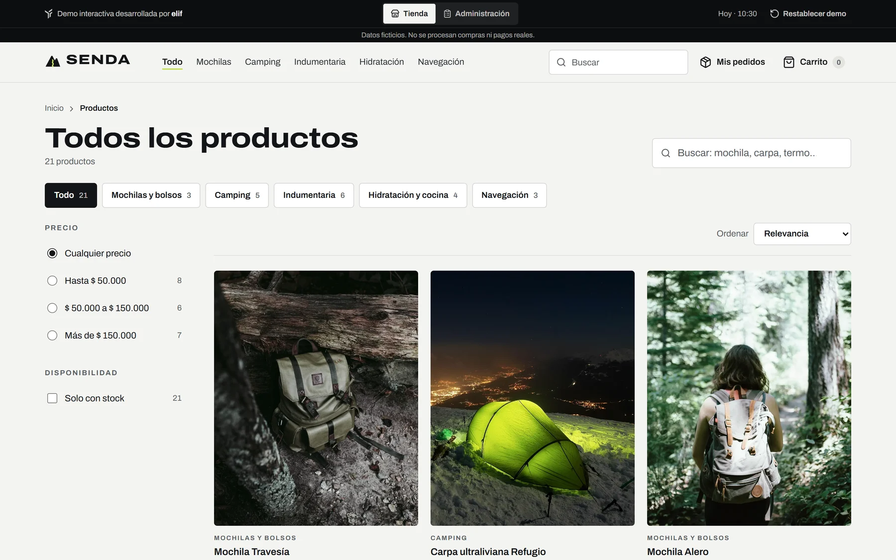 Catálogo de SENDA: 21 productos, buscador, categorías, filtros de precio y disponibilidad y orden