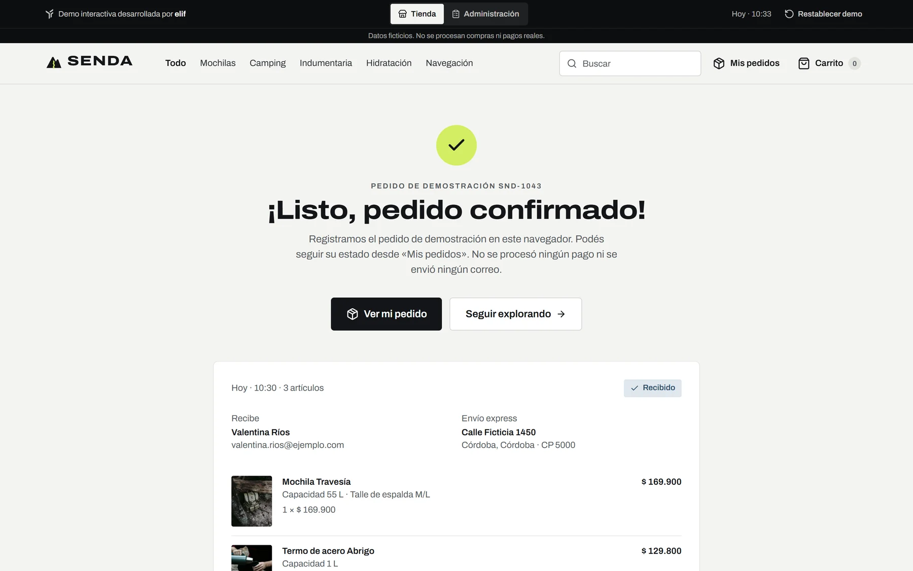 Confirmación del pedido de demostración SND-1043 con su resumen y el estado «Recibido»