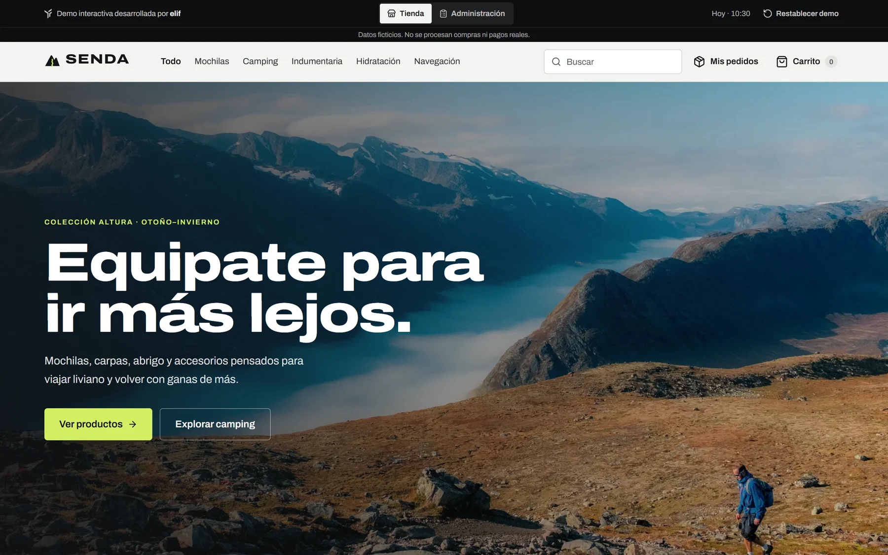 Inicio de SENDA, tienda online ficticia de equipamiento outdoor: «Equipate para ir más lejos»