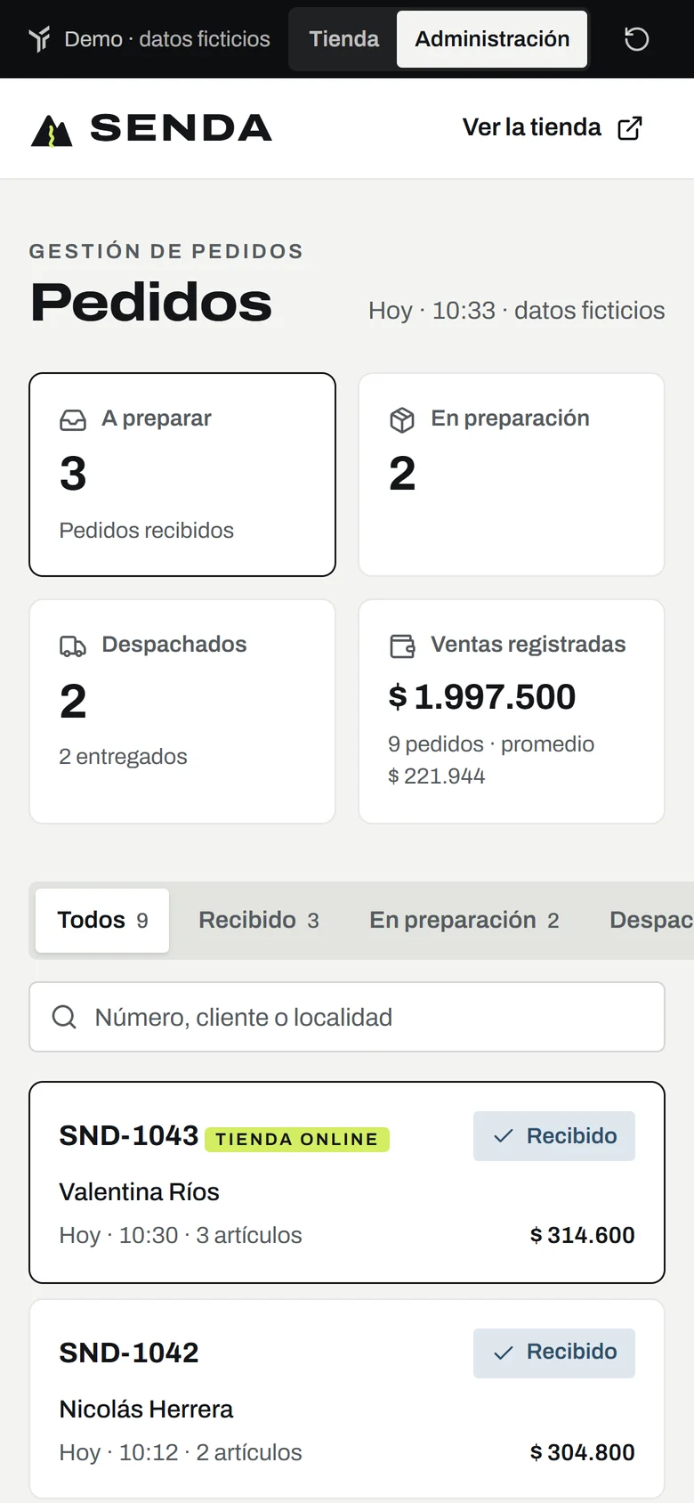 Administración de SENDA en el celular: indicadores y pedidos en tarjetas