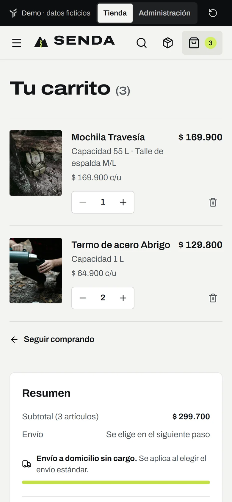 SENDA en el celular: carrito con dos artículos y el resumen