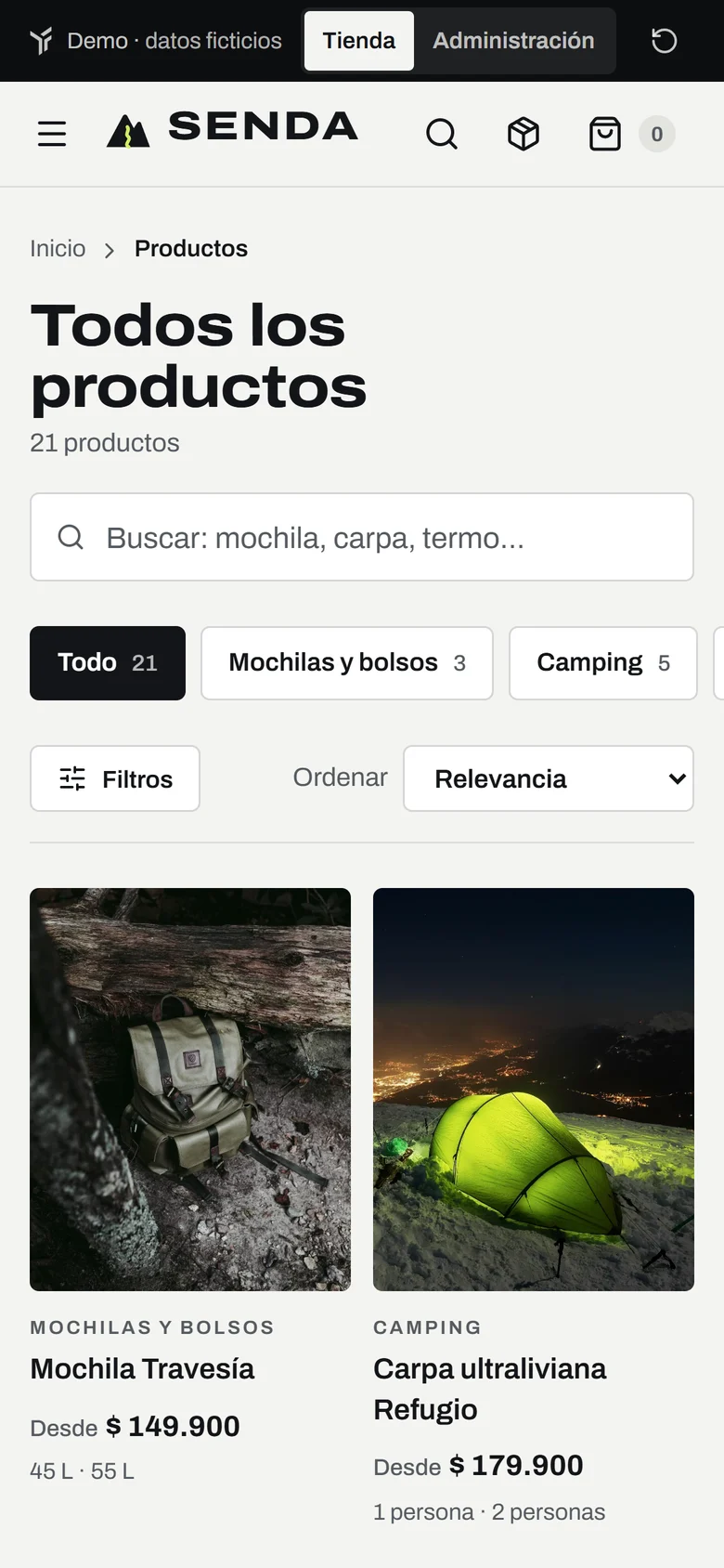 SENDA en el celular: catálogo con buscador, categorías y filtros