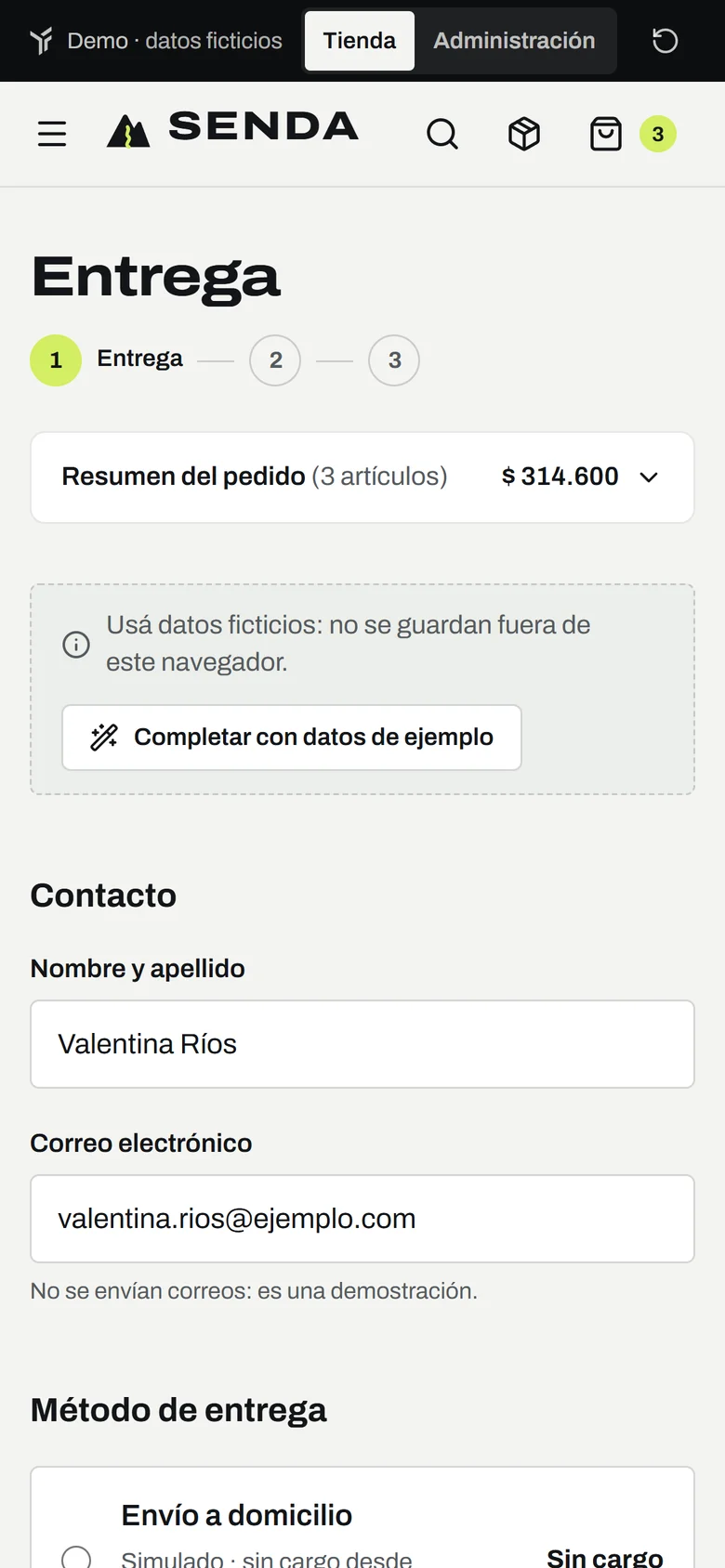 SENDA en el celular: checkout simulado con datos de ejemplo