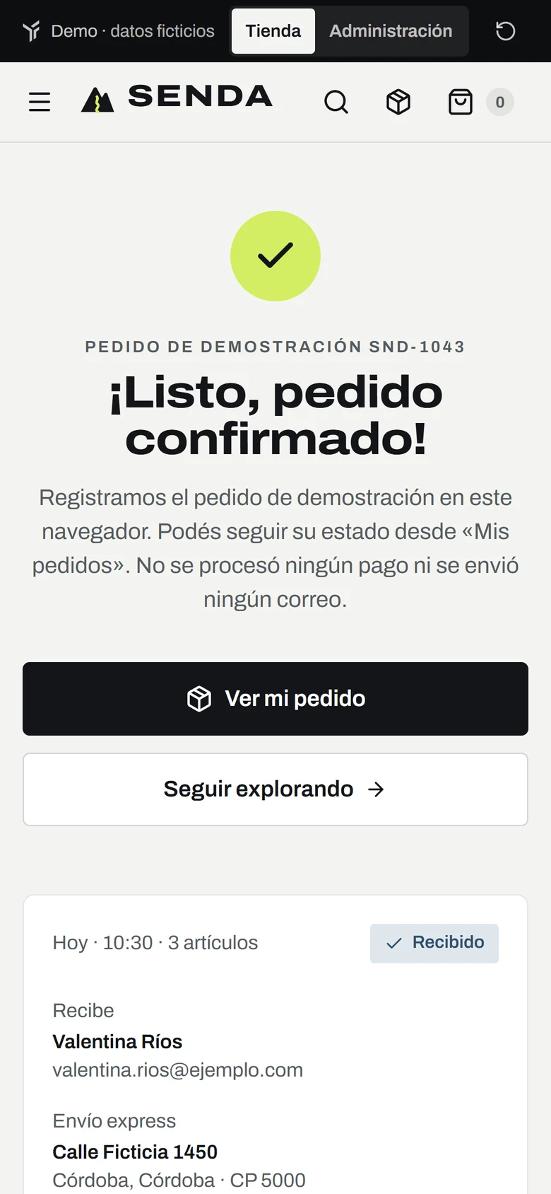 SENDA en el celular: pedido de demostración SND-1043 confirmado