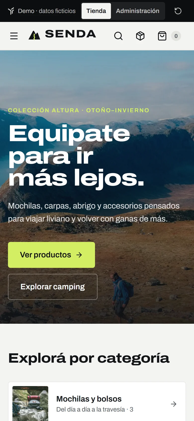 SENDA en el celular: portada de la tienda con la colección Altura
