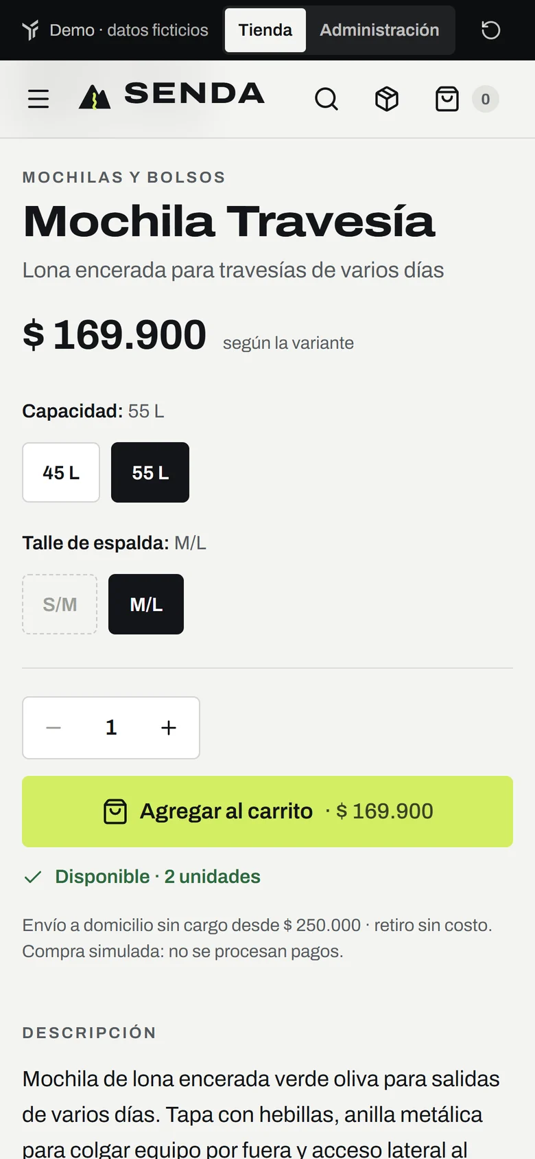SENDA en el celular: Mochila Travesía de 55 L con talle M/L y botón para agregar al carrito