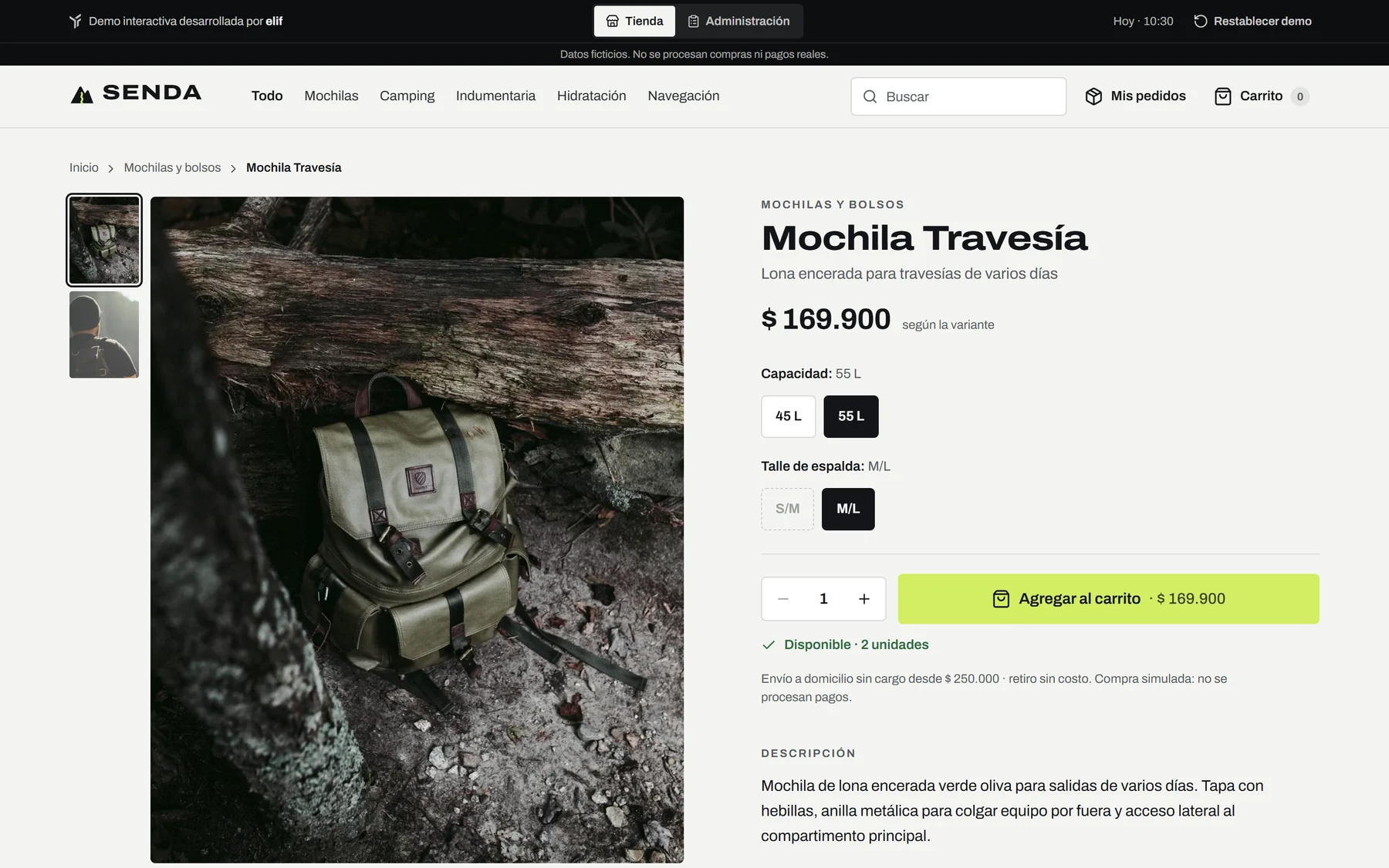 Ficha de la Mochila Travesía: galería, capacidad 55 L con su precio de $ 169.900, talle M/L y botón para agregar