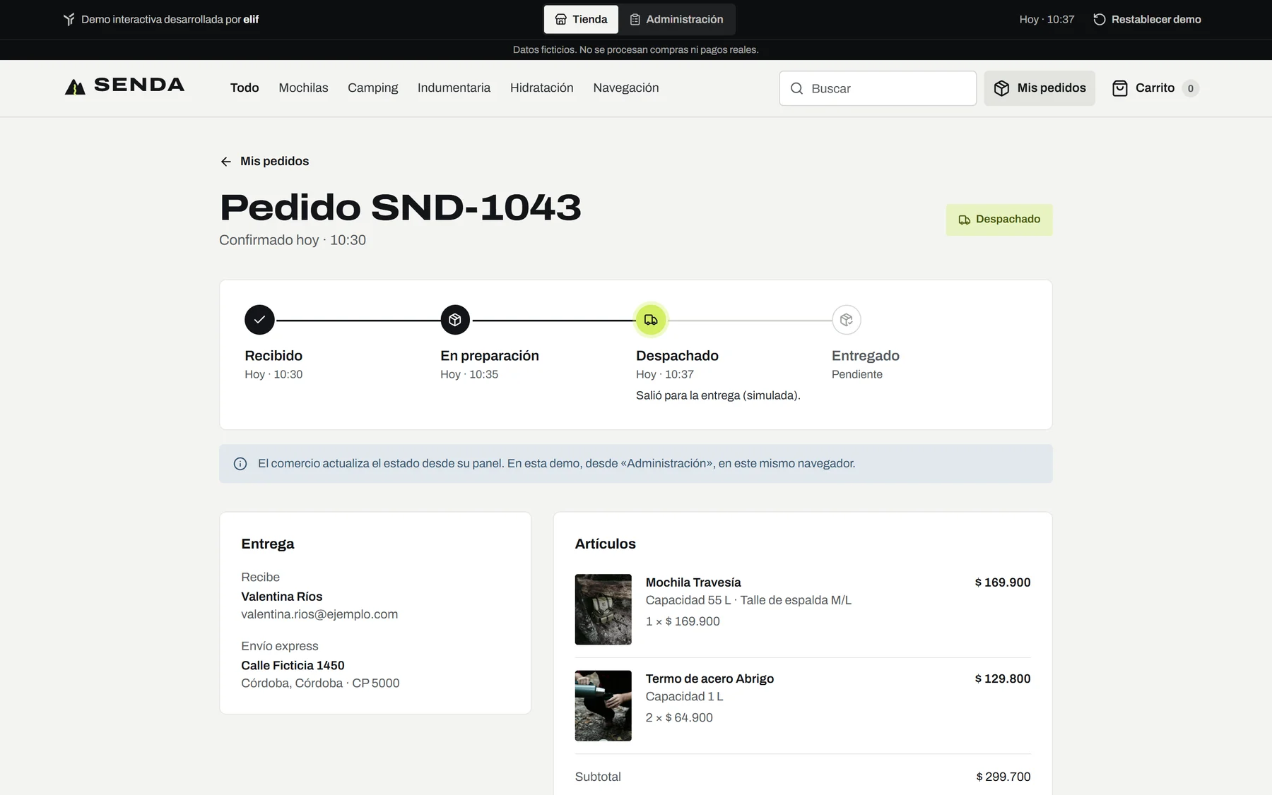 Seguimiento del pedido SND-1043 para el cliente: Recibido 10:30, En preparación 10:35 y Despachado 10:37