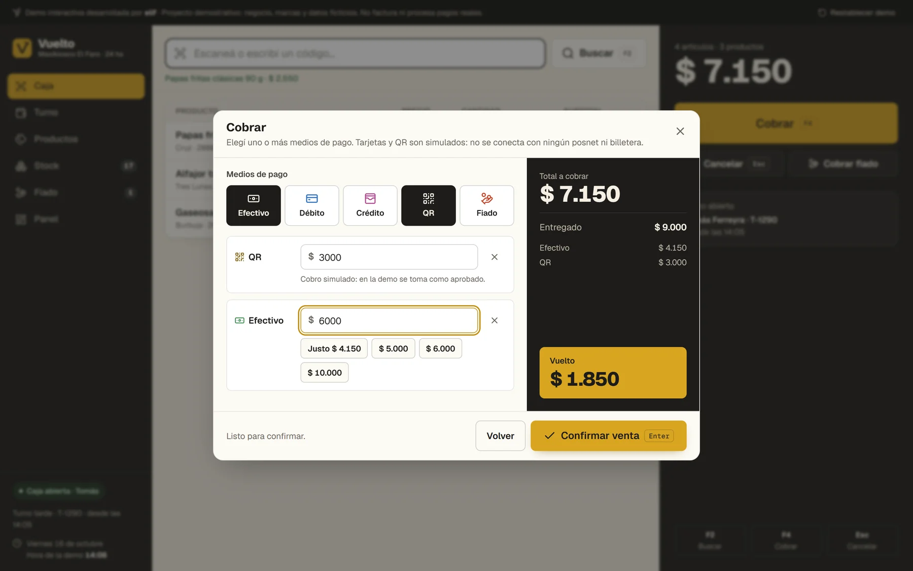 Cobro combinado: QR $ 3.000 y efectivo $ 6.000 sobre un total de $ 7.150; el vuelto de $ 1.850 se calcula solo