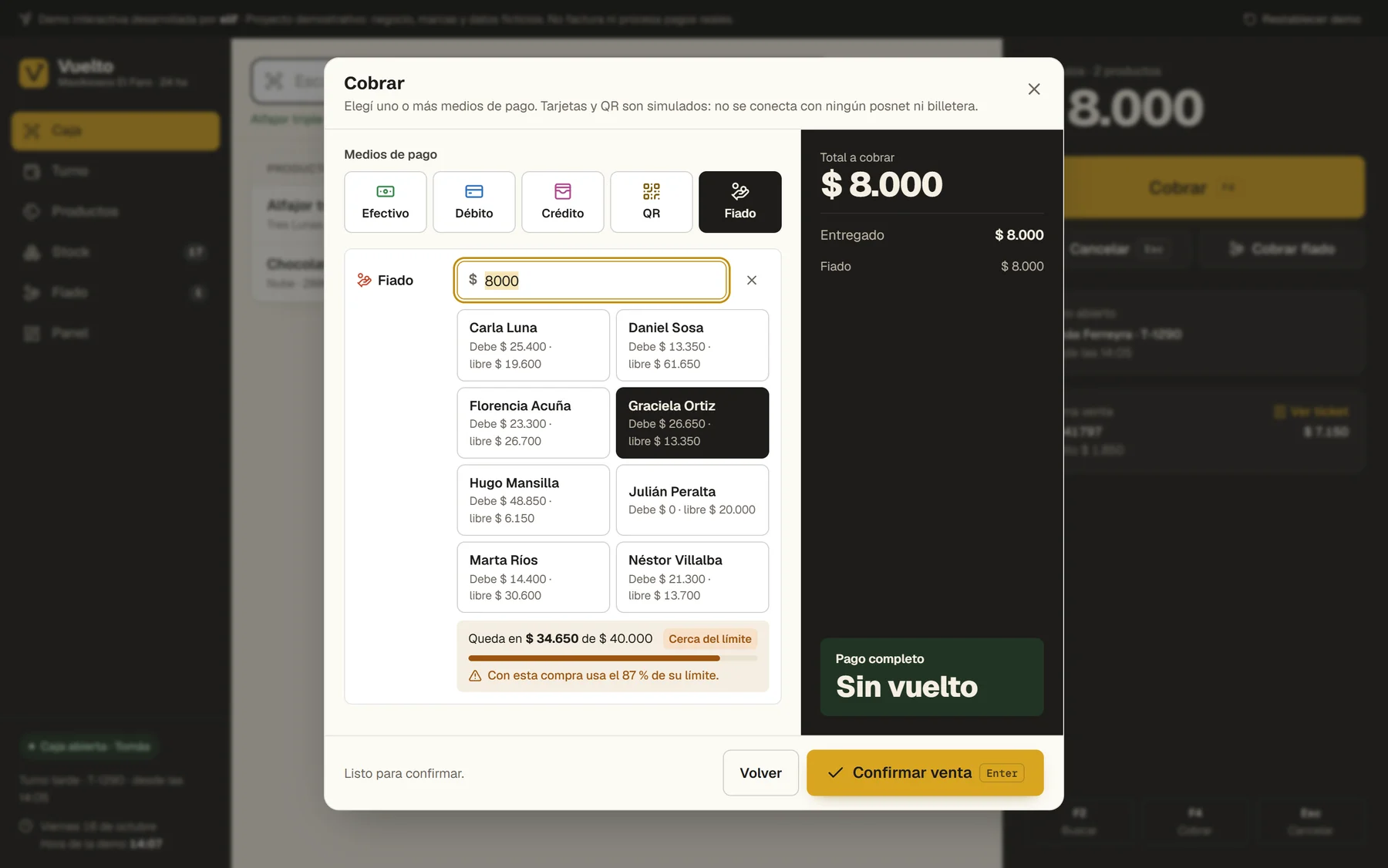 Venta fiada a Graciela Ortiz por $ 8.000 con el aviso «Cerca del límite»: usa el 87 % de su límite de $ 40.000