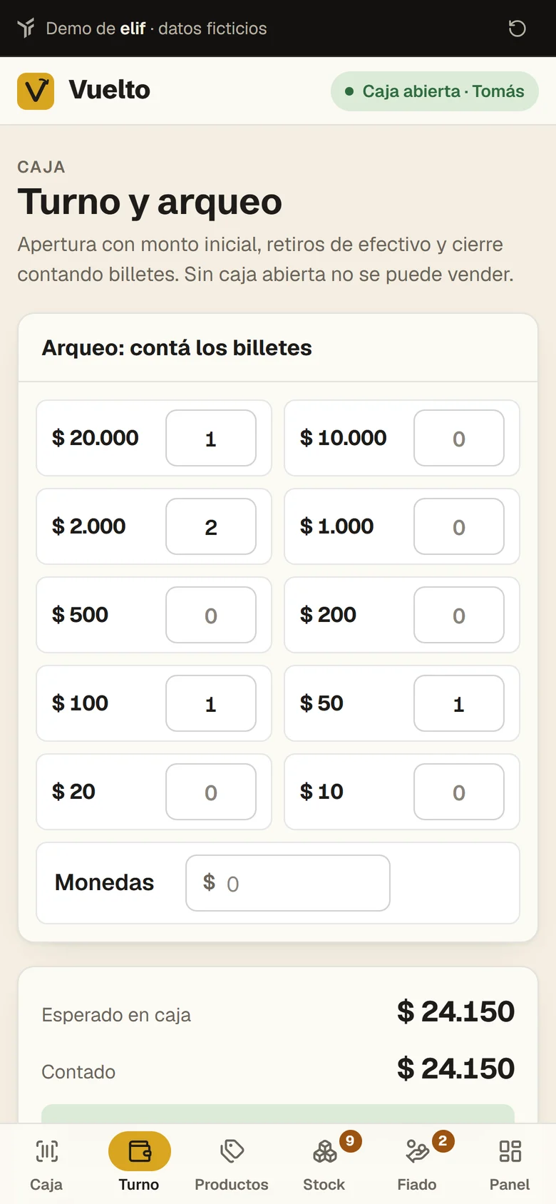 Vuelto en el celular: arqueo por billetes al cerrar el turno, sin diferencia
