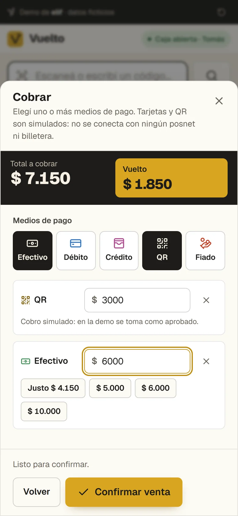 Vuelto en el celular: cobro combinado con QR y efectivo y el vuelto calculado
