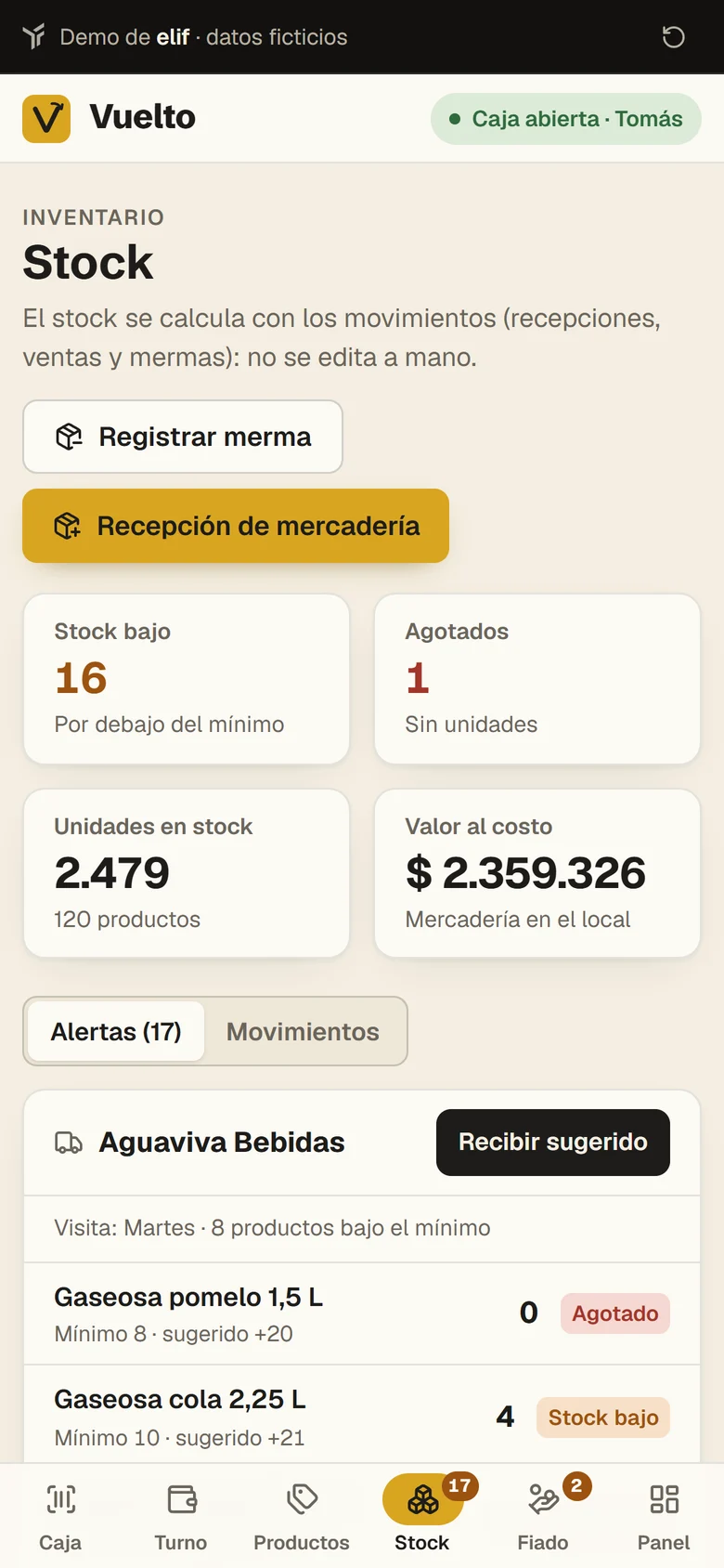Vuelto en el celular: alertas de stock bajo agrupadas por proveedor