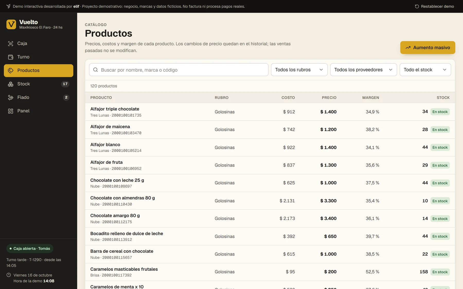 Productos de Vuelto con búsqueda, filtros por rubro, proveedor y stock, costo, precio y margen calculado