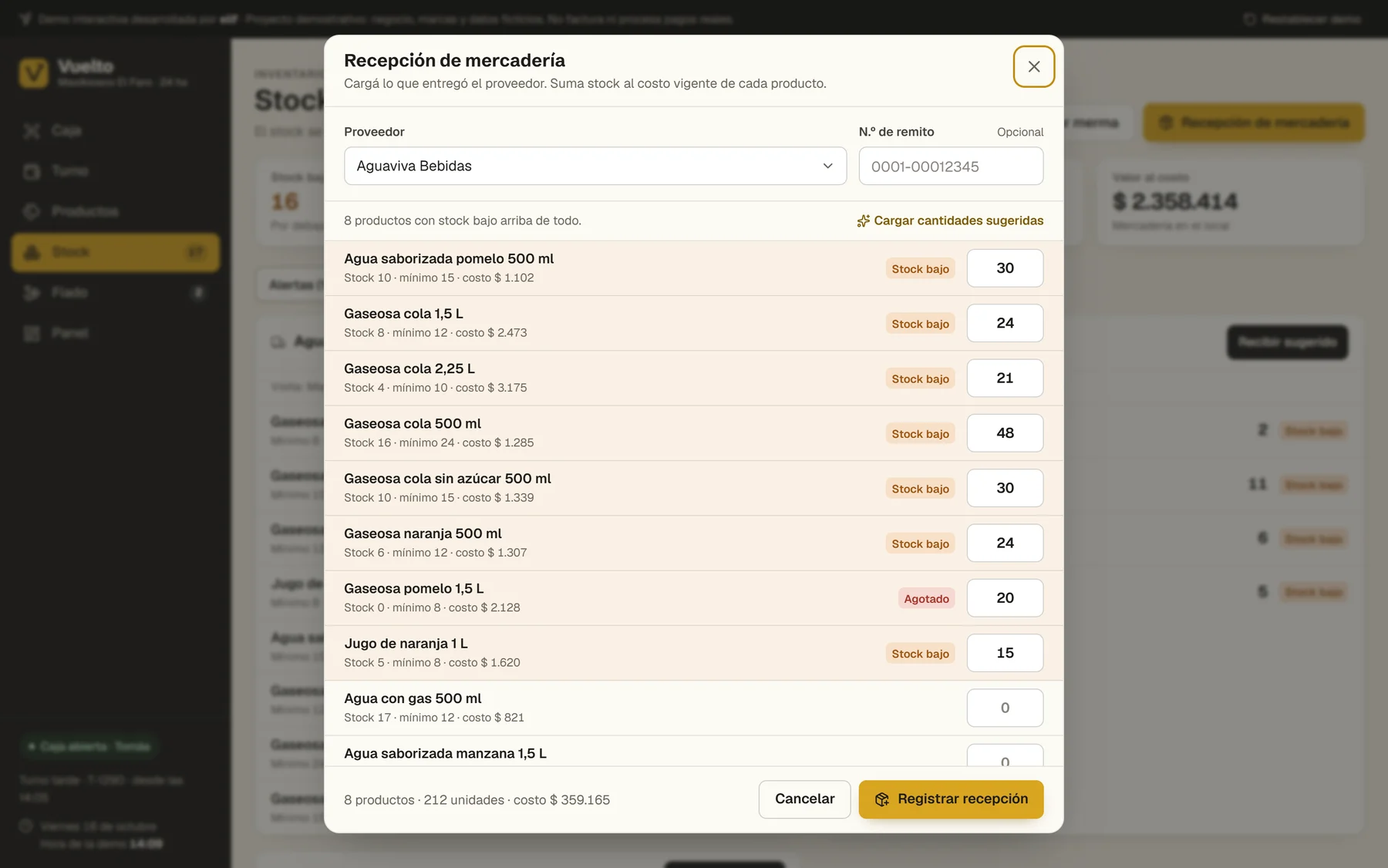Recepción de la mercadería sugerida de Aguaviva Bebidas: 8 productos y 212 unidades, al costo vigente