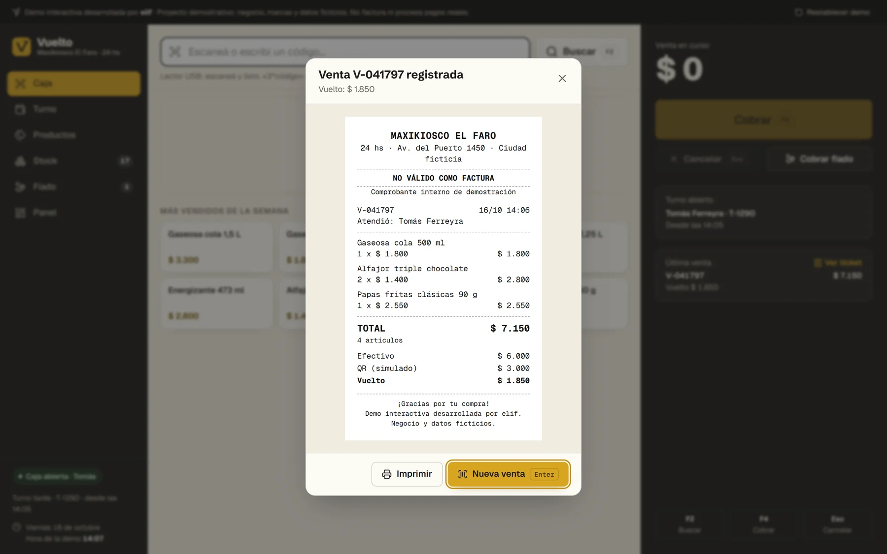Ticket de la venta V-041797 con el detalle, los medios de pago y la aclaración «No válido como factura»